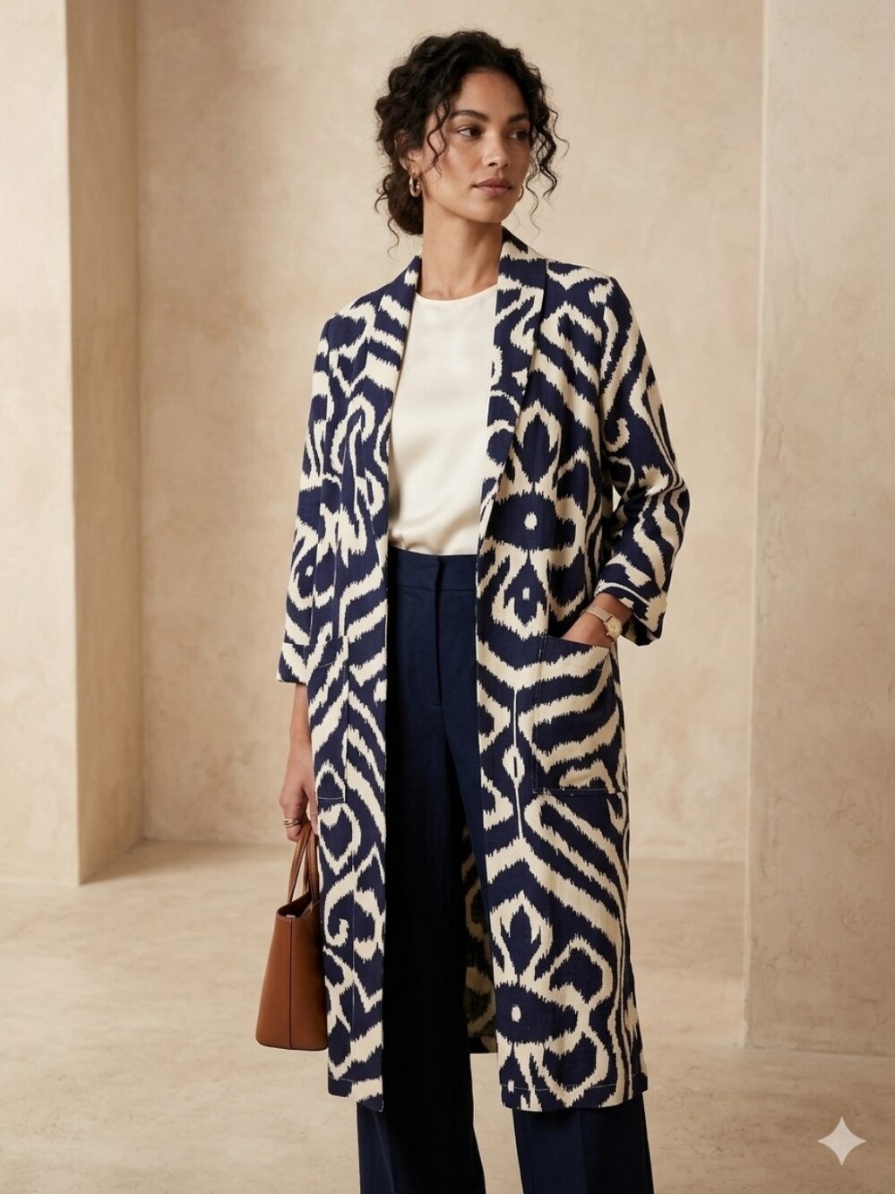 Anthropologie Open Front Ikat Print Linen Blend Coat/Duster - Medium Oversized